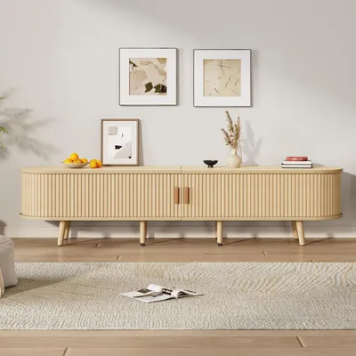 Produktbild von okwish TV-Schrank,Sideboard,Lowboard,TV-Ständer,Aufbewahrungsmöbel,Schrank mit Stauraum ,Ovaler Tischplatte,Kommode mit Schubladen,Helles Walnussholz