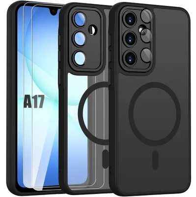 Image de Coque + 2 Verres Trempés pour Samsung Galaxy A17 4G/5G, Protection Antichoc avec Anneau Magnétique Noir