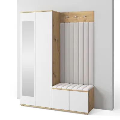 Produktbild von Garderoben-Set Aura Version 7: Kleiderschrank mit Polsterpaneelen, Schuhschrank Flur und Eingangsbereich (weiß/Artisan-Eiche /Trinity 01)