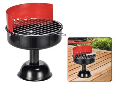 A black and red portable grill on a white background, with a smaller inset image showing the grill on a wooden deck.