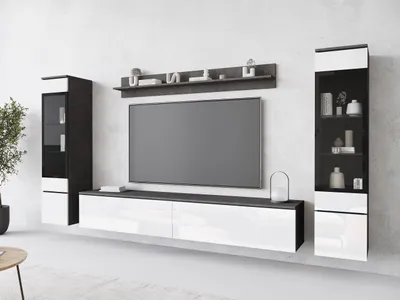 Produktbild von MIRJAN24 Wohnwand Vera II, Stilvoll Wohnzimmer-Set, TV-Schrank, Modern Mediawand (Farbe: Matera / Weiß Hochglanz, ohne Beleuchtung)