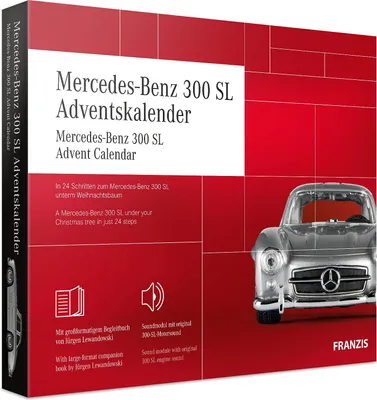 A product box for a Mercedes-Benz 300 SL Advent Calendar, featuring a silver model car.