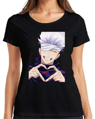 Immagine prodotto di Maglietta da donna con stampa "Jujutsu Kaisen Gojo Satoru con benda sull'occhio" in stile anime, con motivo a cuore, colore nero, taglia M