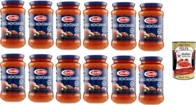 Produktbild von 12x Barilla Ragù Montanaro pastasauce tomatensauce mit Wurst und Pilze 300g aus italien + Italian Gourmet polpa 400g
