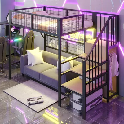 A loft bed with a sofa underneath, set up in a modern room with neon lighting.