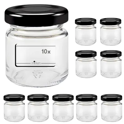 10 Einmachgläser 53 ml, schwarze Deckel, inkl. Etiketten