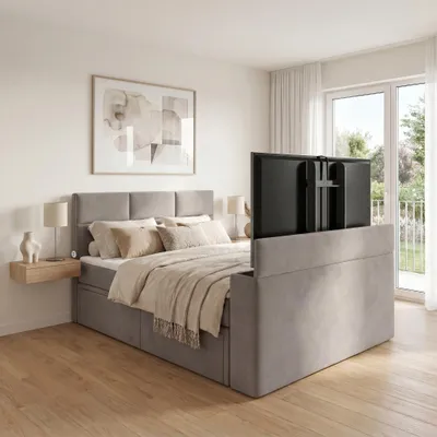 Produktbild von ELVORA DESIGNE Boxspringbett 180x200 cm SMARTCUBE-TV mit Bonellmatratze H3 & Topper, 2 Schubladen, Beige