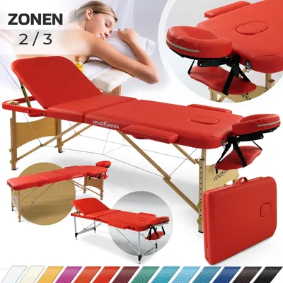 Produktbild von Mobile Massageliege Klappbar Massagetisch 2 3 Zonen höhenverstellbar Massagebett Massagebank Behandlungsliege Tasche  Farbe: Rot Ausführung: 3 Zonen Holzgestell