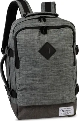 A grey backpack is shown from the front.