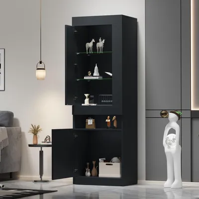 Produktbild von MODFU Vitrinenschrank Sideboard Highboard mit LED Beleuchtung und Hochglanzfront,Vitrinensblackchränke Wohnwände mit 2 Glasböden und viel Stauraum,schwarz
