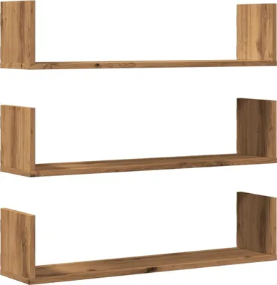 Three wooden shelves are shown against a white background.