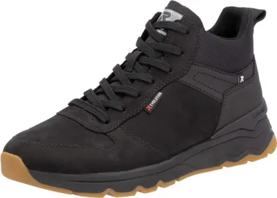 A black Rieker men's boot with a brown sole.