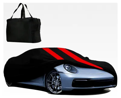 Produktbild von Indoor Autoabdeckung Stretch für Sportwagen 450-500cm, Staubdicht, Atmungsaktiv, Geeignet für Tiefgaragen und Autoshow (Schwarz + Rot)