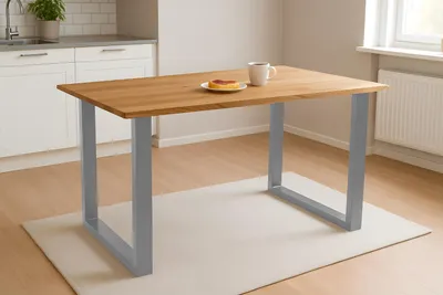 Produktbild von Esstisch 120x80 cm Baumkante Eichenholz massiv geölt U-Gestell silber SALVADOR