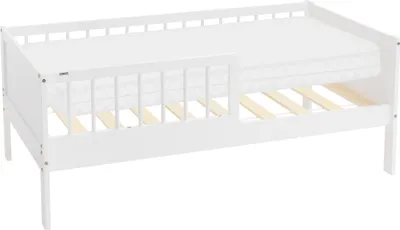 A white children's bed with a mattress and wooden slats, shown from a side angle against a white background.