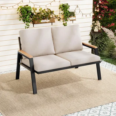 Produktbild von Flieks Gartensofa mit Kissen, Doppelsofa 2-Sitzer-Sofa aus verzinktem Stahl, Gartenmöbelset Terassenmöbel Balkonmöbel 2 Sitzer, Beige