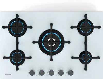 Produktbild von Klarstein Illuminosa 5 Gaskochfeld, 5 Sabaf-Brenner, 4 kW Wokbrenner, Gehärtetes Glas, Elektrische Zündung, Flammenausfallschutz, Topfhalter aus Gusseisen, 76 cm breit, Verbesserte Kochleistung