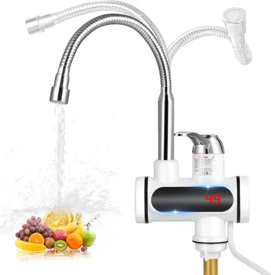 Obrázek produktu pro Kuchyňská baterie – Elektrický průtokový ohřívač vody – Okamžitá horká voda – Digitální LED displej – 220 V – Nerezová ocel – Teplá a studená voda – Stříbrná