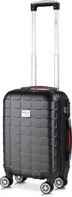 A black carry-on suitcase with a textured surface, telescopic handle, and four spinner wheels, presented against a white background.