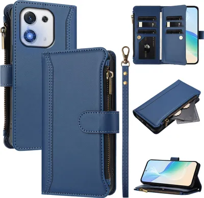 Image de Etui pour Honor X70i, zippé, portefeuille Etui à rabat en cuirPolyuréthaneavec poches pour cartes, support et dragonne bleu