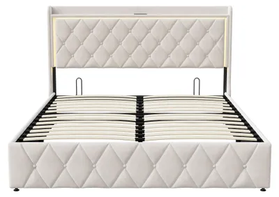 Image de Lit avec coffre de rangement 160x200 cm - Structure de lit avec espace de rangement et système hydraulique - Tête de lit LED avec 2 ports USB-C - Sommier à lattes en bois - Revêtement en velours - Beige