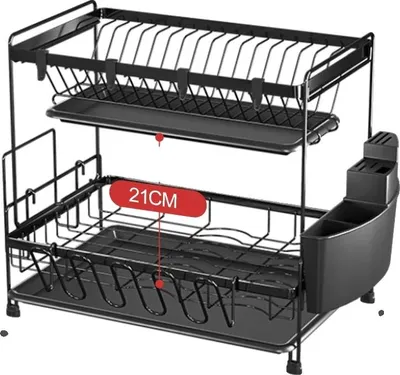 Zdjęcie produktu dla Stojak na naczynia, 2-poziomowy, ruchomy haczyk i uchwyt, czarny, 2-poziomowy