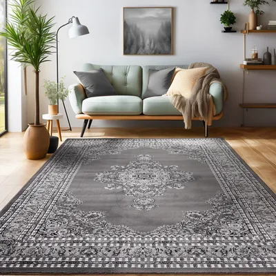 A living room scene with a sofa, rug, plant, and artwork.