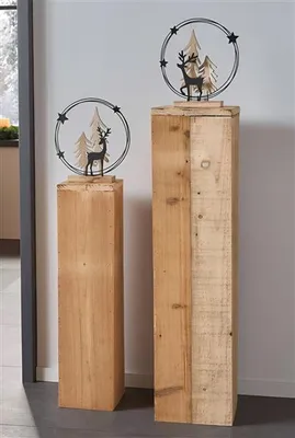 Produktbild von 2x Dekosäule "Rustikal" aus recyceltem Holz, 60 + 79 cm hoch, Holzsäule, Podest, Blumenständer