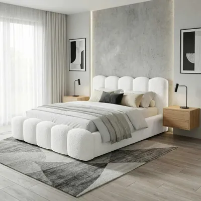 Image de Lit rembourré BESILIO 140x200 Bouclé Milly – Lit avec coffre de rangement et sommier à lattes, lit moderne avec espace de rangement en mousse épaisse – Blanc