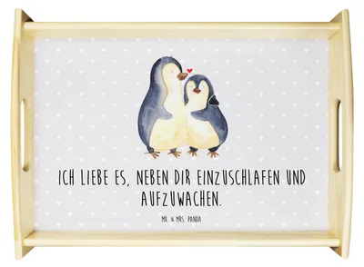 Produktbild von Mr. & Mrs. Panda Dekotablett Pinguine Einschlafen - Grau Pastell - Geschenk, für Freundin, Jahrestag, Servierplatte Holz, Deko Tablett, Sofa, Hochzeitstag, Serviertablett