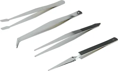 Produktbild von Pinzetten Set 4 tlg Kreuzpinzette Spitzpinzette Flachpinzette Uhrmacher Pinzette