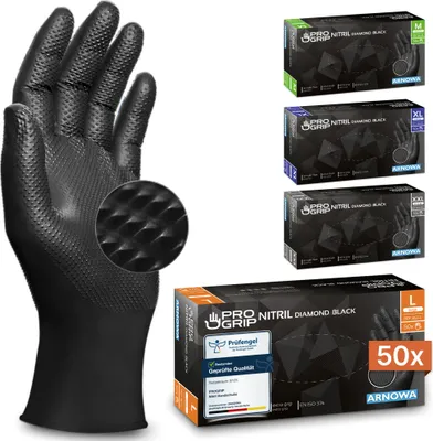 A black nitrile glove is shown next to several boxes of gloves, with a close-up of the glove's textured surface.