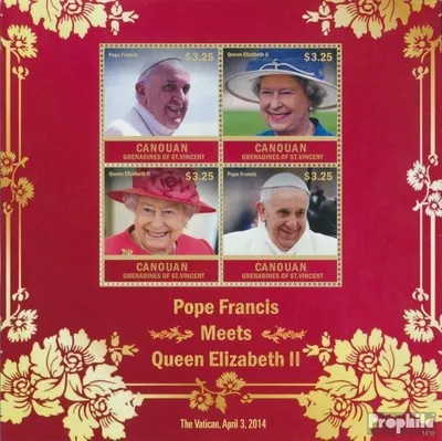 Produktbild von Briefmarken St. Vincent - Canouan 2014 Mi 351-354 Kleinbogen (kompl.Ausg.) postfrisch Papst Franziskus bei Königin Elisebeth II.