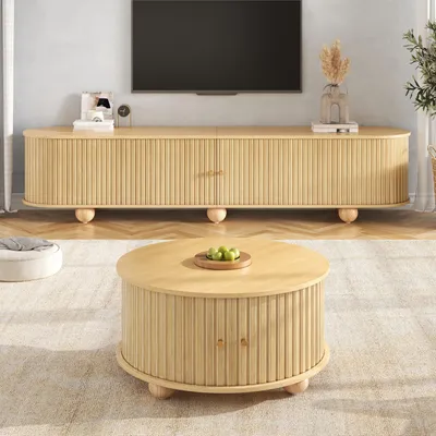 Image de Ensemble de meubles de salon Merax comprenant : armoire avec portes coulissantes en MDF, table basse ronde avec 4 compartiments, meuble TV incurvé avec pieds en métal sphériques, finition bois naturel