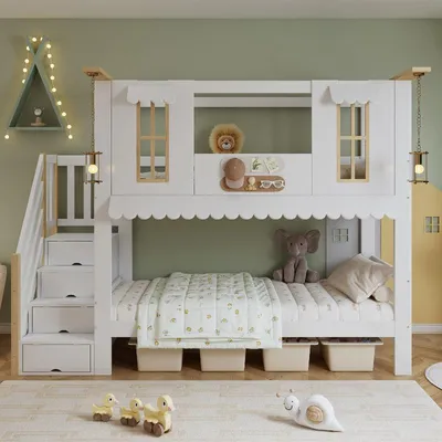 Produktbild von Etagenbett Kinderetagenbett 90x200 Weiß Natur aus Kiefer, MDF, Sperrholz mit Aufbewahrungstreppe und Fenstern für Kinderzimmer