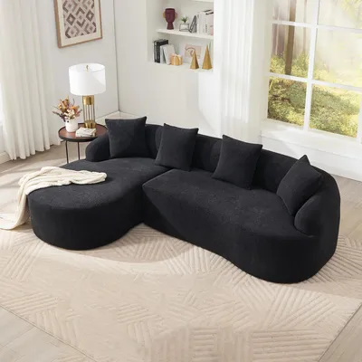 Image de Canapé modulaire incurvé forme L avec méridienne gauche – revêtement chenille vert tendance, sans assemblage requis, confort moelleux pour salon