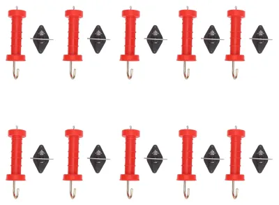 Image de 10 poignées électriques pour portails de clôture, en ABS rouge, résistantes à la chaleur et au froid, avec isolateurs