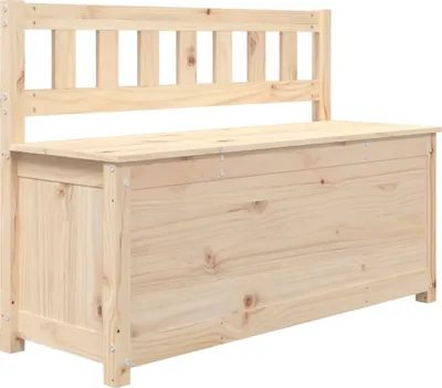 A light-colored wooden bench with a storage compartment and a slatted backrest, shown against a white background.