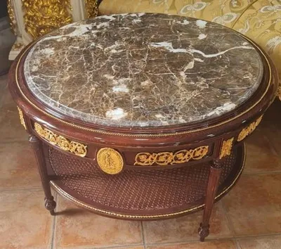 Produktbild von Casa Padrino Barock Couchtisch mit Marmorplatte Braun / Gold / Grau - Runder Massivholz Wohnzimmertisch im Barockstil - Barockstil Wohnzimmer Möbel - Barock Möbel - Antik Stil Wohnzimmer Möbel