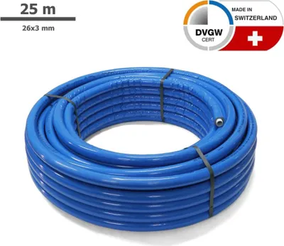 A coiled blue pipe on a white background with product information and certifications in the upper right corner.