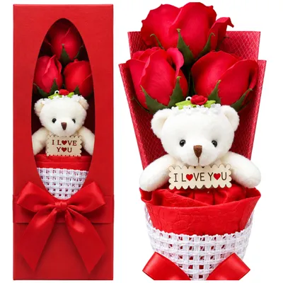 Produktbild von Seifenrosen Flower Box – 3 rote Rosen mit Teddybär als Geschenk