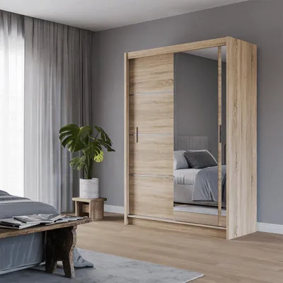 Produktbild von Krudox PRVTA Schwebetürenschrank Sonoma mit Spiegel 150 cm Kleiderschrank mit 2 Kleiderstangen