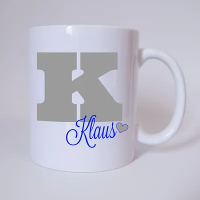 Produktbild von Namenstasse Buchstabe K, individueller Name (Grau/Blau) / Tasse / Kaffeetasse / Kaffeebecher