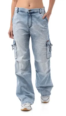Immagine prodotto di WD544 Jeans baggy da donna – Pantaloni dal taglio rilassato, color ghiaccio, con tasche cargo