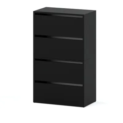 A black shoe cabinet with four drawers, shown from a front-side angle against a white background.