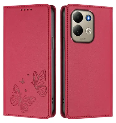 Image de Étui en cuir pour Xiaomi Redmi 17 4G/5G, avec motif papillon, type portefeuille rabattable avec support. Couleur : rouge