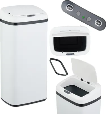Obrázok produktu pre Odpadkový kôš Relaxdays so senzorom, 40 l, elektrické veko, držiak na vrecká na odpadky, kuchynský odpadkový kôš, biely
