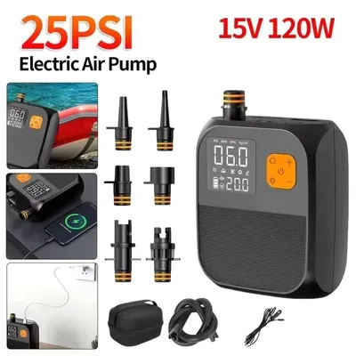 Obrázek produktu pro Elektrická vzduchová pumpa – Bezdrátová pumpa pro paddleboardy a pneumatiky – 80W – Dvoustupňový kompresor – Napájení z baterie – Vhodná pro paddleboardy a pneumatiky – Maximální tlak 25 PSI