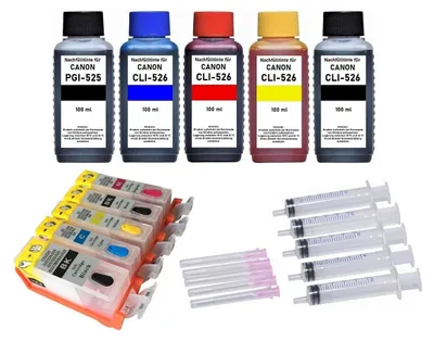 Image de Cartouches d'encre rechargeables PGI-525 & CLI-526 + 500 ml d' encre pour Canon Pixma IP4850, IP4950, IX6550, MG5140, MG5150, MG5240, MG5250...