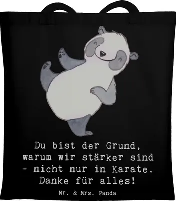 Produktbild von Mr. & Mrs. Panda Shopping Tasche Karate Trainerin Stärke - Schwarz - Geschenk, totebag, Stoffbeutel, Individualität, canvas, Training, Büchertasche, Danksagung, Tote Bag